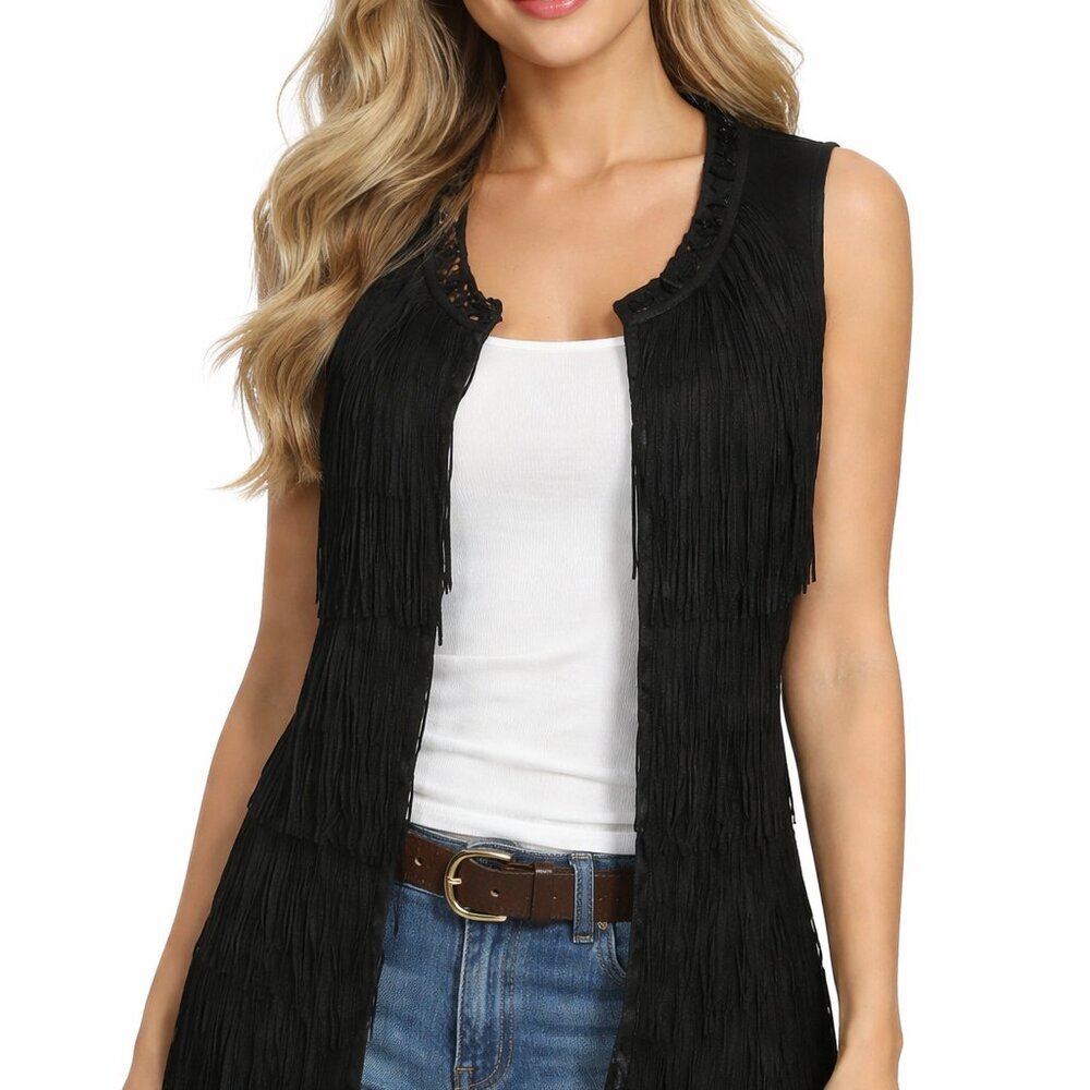 Berek Western Vest Size Small Sleeveless Black Fringe Boho Festival Cowgirl